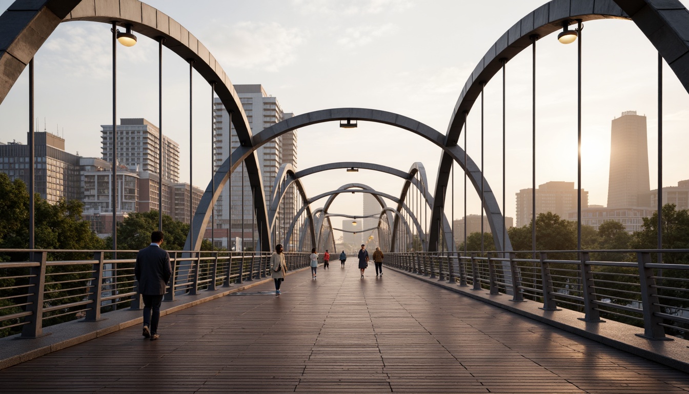 Prompt: Curved pedestrian bridge, steel arches, suspension cables, wooden decking, metal railings, lantern-style lighting, urban cityscape, morning mist, soft warm glow, shallow depth of field, 1/2 composition, symmetrical framing, realistic reflections, ambient occlusion, modern minimalist design, sleek lines, functional simplicity, accessible ramps, safety barriers, vibrant street art, eclectic urban textures.