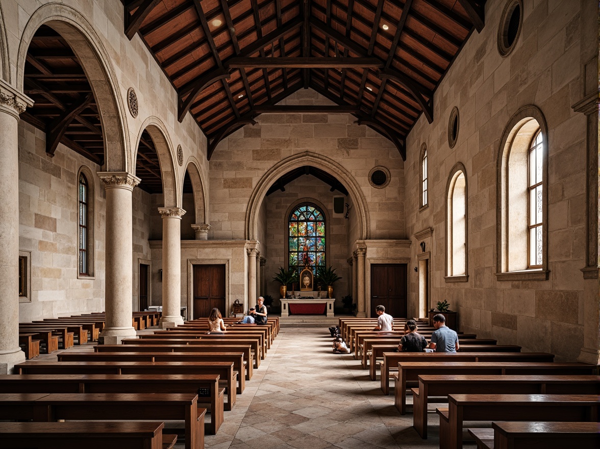 Prompt: Rustic church building, steeply pitched roof, terracotta tiles, ornate stone carvings, stained glass windows, wooden pews, vaulted ceilings, grand entrance doors, intricate stone facades, traditional vernacular style, earthy color palette, natural textures, warm ambient lighting, soft shadows, 1/2 composition, realistic render, detailed architectural elements.