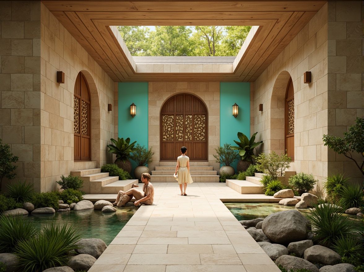 Prompt: \Ethereal temple, soft golden lighting, calming turquoise accents, natural stone walls, intricately carved wooden doors, serene water features, lush greenery, peaceful Buddha statues, minimalist decor, subtle aromas, warm beige tones, gentle archways, soft misty atmosphere, shallow depth of field, 1/1 composition, realistic textures, ambient occlusion.\