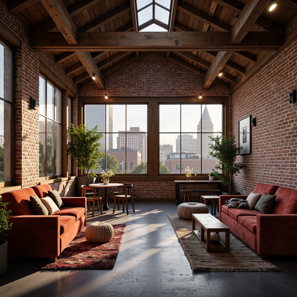 Prompt: Exposed brick walls, wooden beam ceilings, industrial chic decor, cozy reading nooks, plush velvet sofas, vintage rugs, distressed wood furniture, soft warm lighting, large windows, skylights, clerestory windows, urban cityscape views, romantic ambiance, intimate atmosphere, natural textiles, earthy color palette, minimalist ornamentation, functional simplicity, airy open spaces, 1/1 composition, shallow depth of field, warm golden hour lighting.