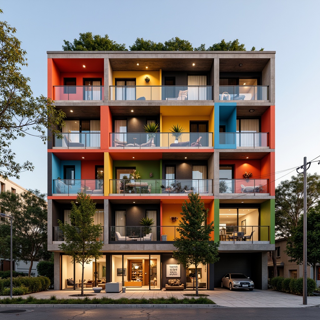 Prompt: Vibrant Bauhaus residential building, bold primary colors, geometric shapes, industrial materials, exposed brick walls, steel beams, minimalist decor, functional furniture, open floor plans, large windows, natural light, urban cityscape, modern architecture, abstract art pieces, graphic patterns, bold typography, contrasting textures, warm neutral tones, rich wood accents, sleek metal fixtures, dynamic lighting effects, shallow depth of field, 1/1 composition, realistic renderings.