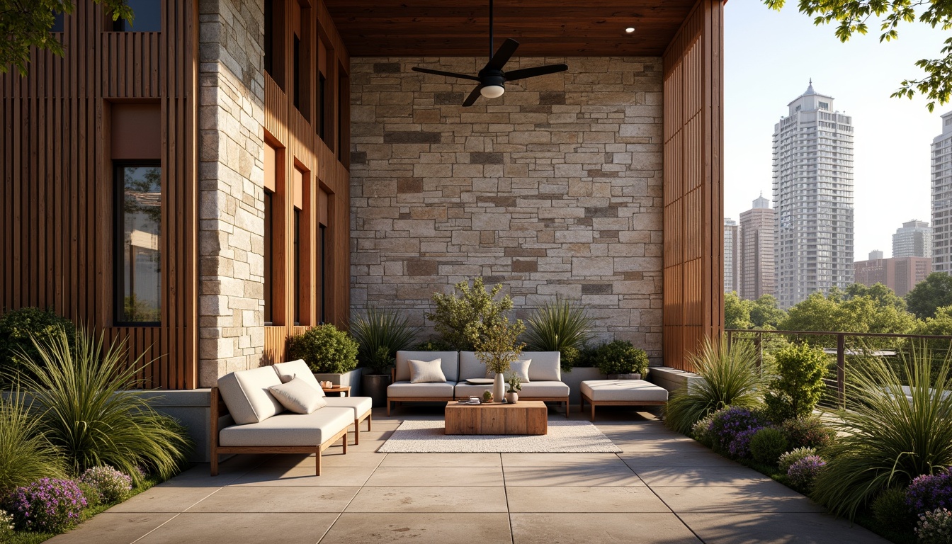 Prompt: Rough stone walls, rustic brick facades, wooden accents, natural wood grain, earthy tones, organic forms, irregular shapes, tactile experiences, 3D modeling, realistic renderings, ambient occlusion, soft warm lighting, shallow depth of field, 2/3 composition, modern architecture, sustainable design, eco-friendly materials, green roofs, living walls, urban landscapes, city skylines, industrial heritage, converted warehouses.