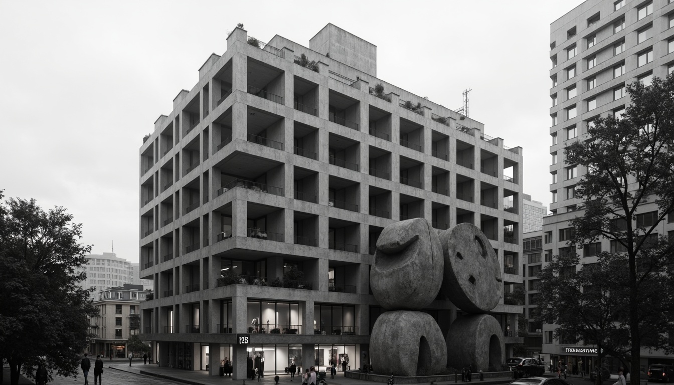 Prompt: Rugged brutalist building, exposed concrete walls, raw industrial materials, bold geometric forms, dramatic shadows, harsh contrasts, urban cityscape, overcast sky, strong vertical lines, fortress-like structure, monumental scale, abstract sculptures, cold monochromatic color scheme, high-contrast lighting, deep depth of field, 1/2 composition, cinematic atmosphere, gritty textures, ambient occlusion.