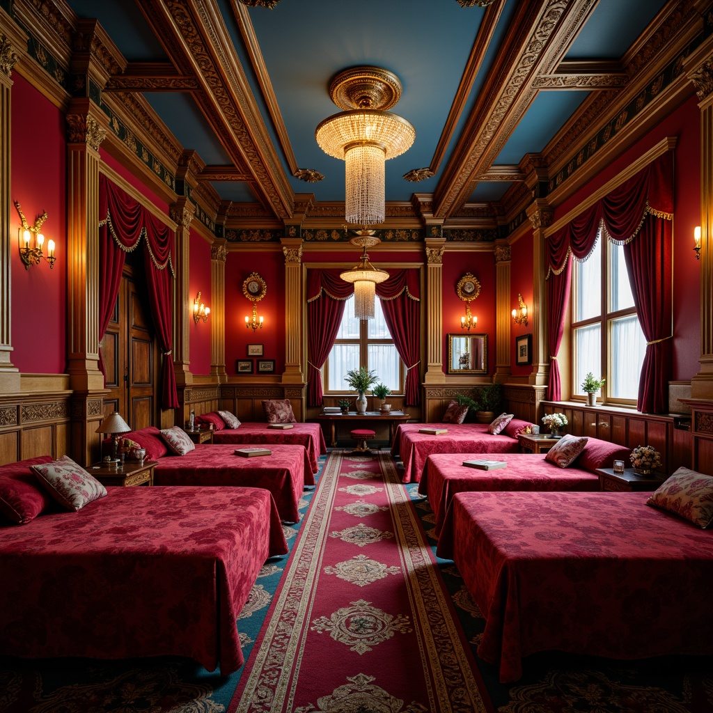 Prompt: Luxurious baroque dormitory, rich velvet fabrics, ornate gold accents, lavish crystal chandeliers, intricate wooden carvings, bold red walls, deep blue ceilings, warm golden lighting, soft focus, shallow depth of field, 1/1 composition, dramatic shadows, realistic textures, ambient occlusion.