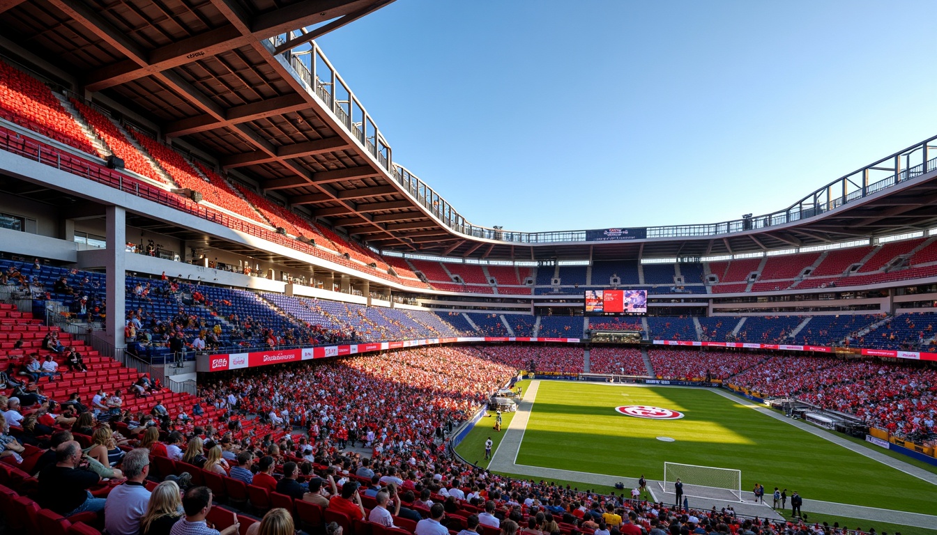 Prompt: Vibrant sports stadium, dynamic color scheme, bold team logos, energetic crowd atmosphere, bright LED lighting, sleek modern architecture, geometric patterns, angular lines, contrasting colors, high-visibility signage, branded concessions, lively entertainment areas, comfortable seating, panoramic views, warm sunny day, shallow depth of field, 3/4 composition, realistic textures, ambient occlusion.