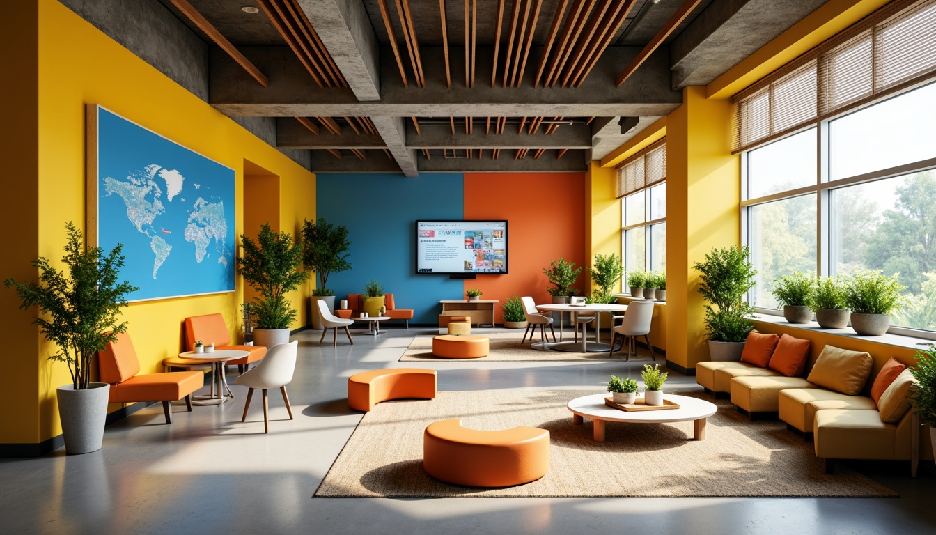 Prompt: Vibrant creative learning space, bold color scheme, stimulating yellow accents, calming blue undertones, energetic orange hues, inspiring greenery, natural wood textures, modern minimalist furniture, sleek metal legs, comfortable cushioned seating, collaborative workstations, interactive whiteboards, innovative technology integration, abundant natural light, soft warm glow, shallow depth of field, 3/4 composition, panoramic view, realistic textures, ambient occlusion.