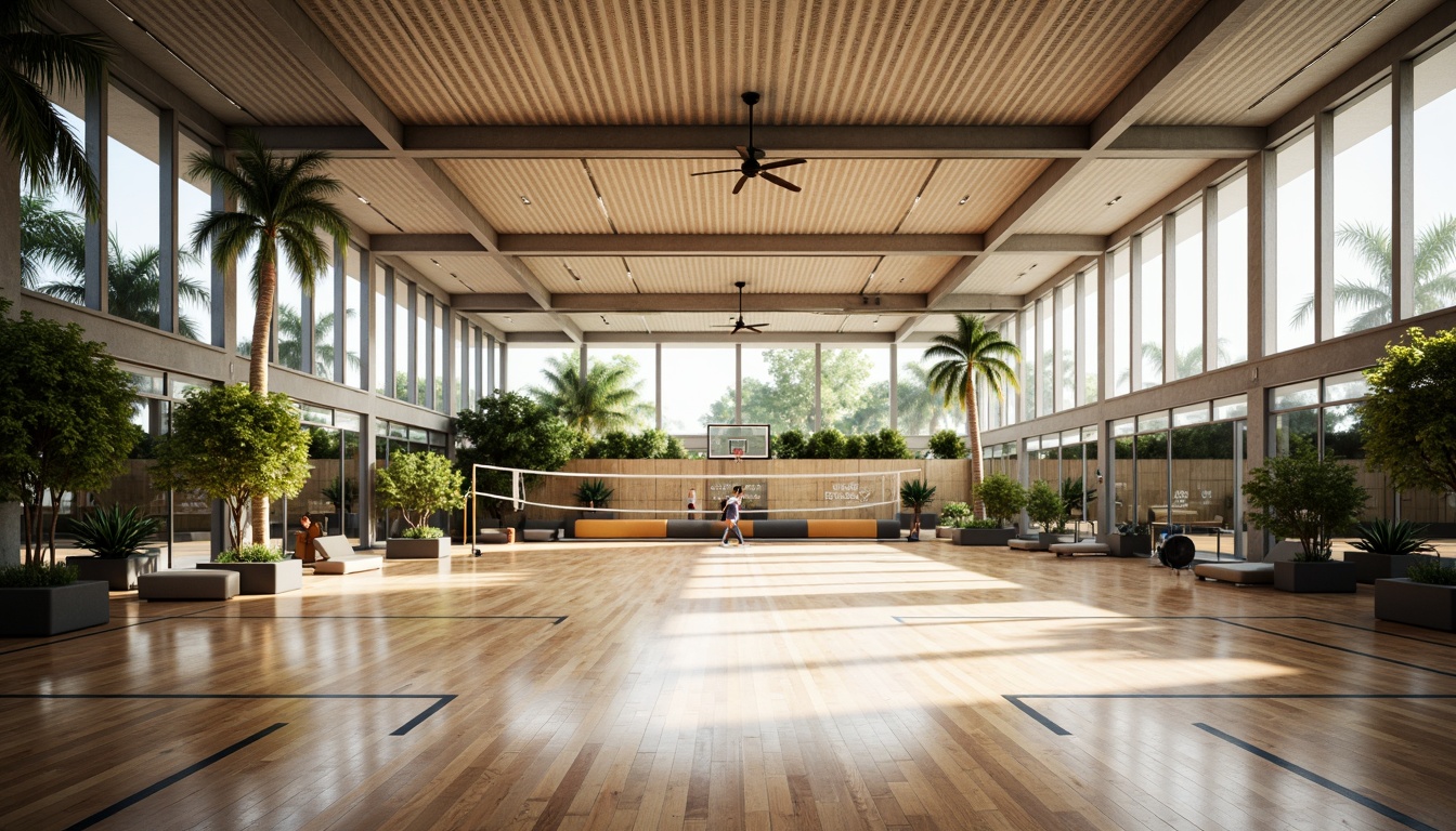 Prompt: Spacious gymnasium interior, high ceilings, natural light pouring in, polished wooden floors, basketball courts, volleyball nets, athletic tracks, exercise equipment, mirrored walls, motivational quotes, modern architectural design, sleek lines, minimalist decor, abundant greenery, tropical plants, warm color scheme, soft diffused lighting, shallow depth of field, 1/1 composition, realistic textures, ambient occlusion.