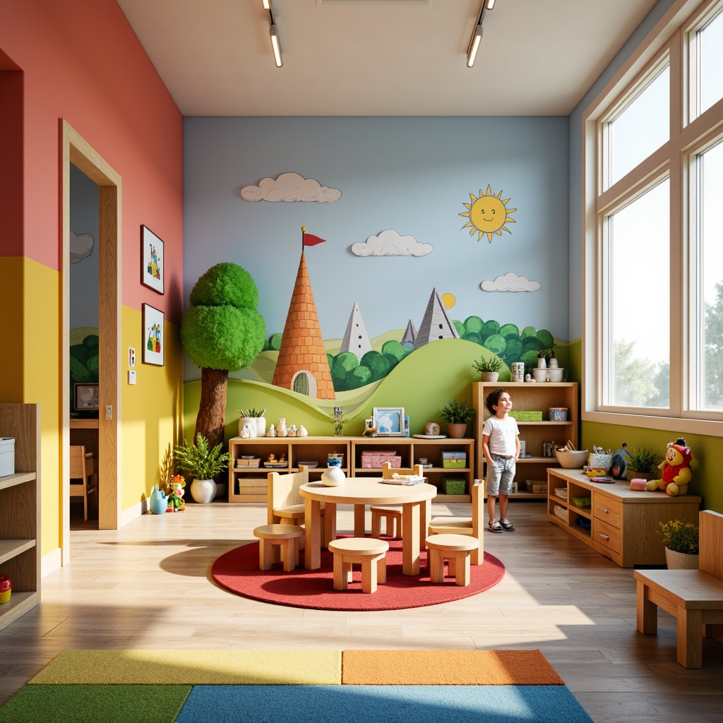 Prompt: Vibrant kindergarten interior, playful color scheme, bright primary colors, soft pastel hues, whimsical illustrations, educational wall decals, interactive learning tools, wooden furniture, rounded edges, safety flooring, natural light, warm atmosphere, cozy reading nooks, circular tables, tiny chairs, colorful rugs, stimulating textures, shallow depth of field, 1/1 composition, realistic renderings, ambient occlusion.