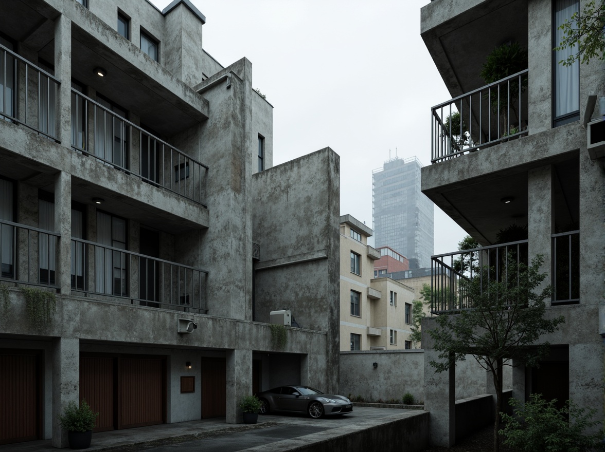 Prompt: Exposed concrete walls, rugged textures, industrial pipes, raw steel beams, minimalist balconies, brutalist architecture, urban cityscape, gloomy overcast sky, dramatic shadows, high-contrast lighting, bold geometric forms, functional simplicity, distressed finishes, poured-in-place concrete, cold monochromatic color palette, 1/1 composition, low-angle shot, cinematic atmosphere, gritty realistic textures.