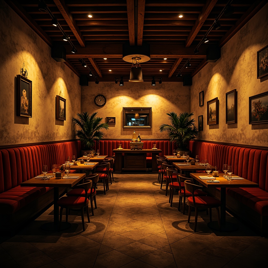 Prompt: Moody restaurant interior, warm golden lighting, soft shadows, dramatic spotlights, rich wood accents, luxurious velvet fabrics, ornate metal fixtures, eclectic art pieces, vintage decorative items, distressed walls, rustic stone floors, intimate cozy atmosphere, low-key ambient illumination, cinematic high-contrast lighting, 1/2 composition, shallow depth of field, warm color grading, filmic textures.