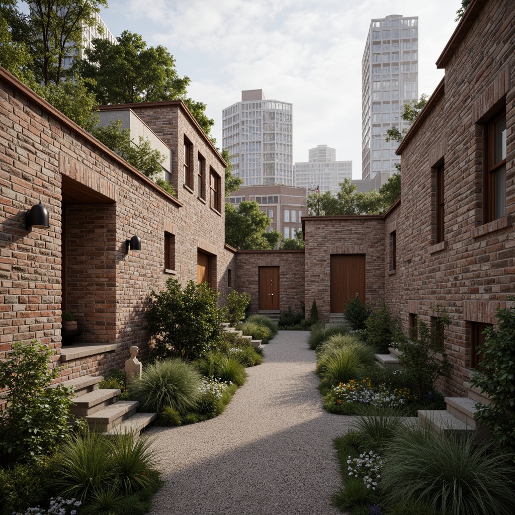 Prompt: Rough stone walls, rustic brick facades, wooden accents, natural wood grain, earthy tones, organic forms, irregular shapes, tactile experiences, 3D modeling, realistic renderings, ambient occlusion, soft warm lighting, shallow depth of field, 2/3 composition, modern architecture, sustainable design, eco-friendly materials, green roofs, living walls, urban landscapes, city skylines, industrial heritage, converted warehouses.