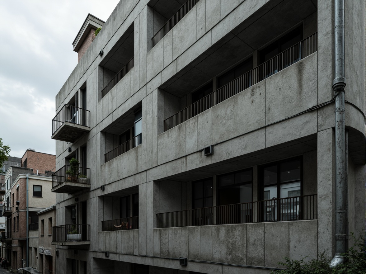 Prompt: Exposed concrete walls, rugged textures, industrial pipes, raw steel beams, minimalist balconies, brutalist architecture, urban cityscape, gloomy overcast sky, dramatic shadows, high-contrast lighting, bold geometric forms, functional simplicity, distressed finishes, poured-in-place concrete, cold monochromatic color palette, 1/1 composition, low-angle shot, cinematic atmosphere, gritty realistic textures.