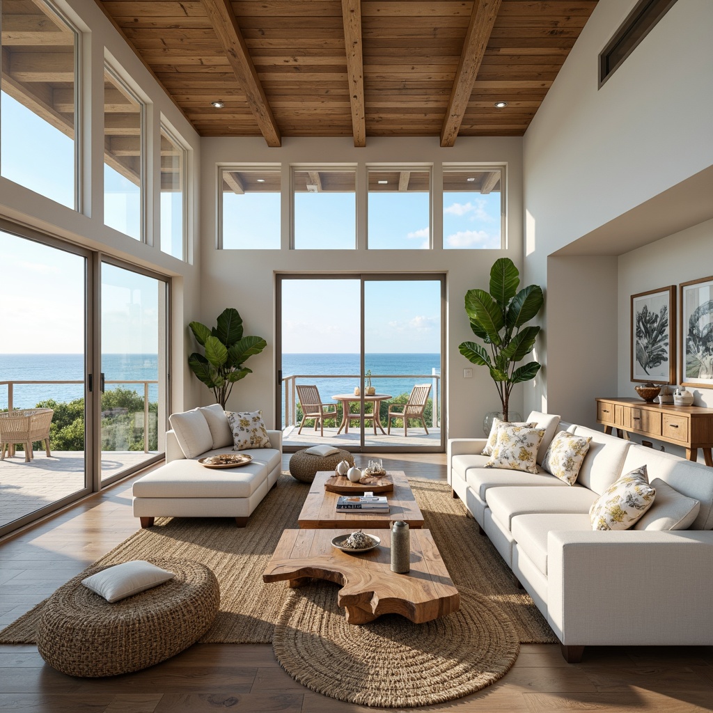 Prompt: Coastal living room, ocean-inspired color palette, driftwood accents, natural textiles, woven sea grass rugs, shell-adorned decorative pieces, floor-to-ceiling windows, sliding glass doors, beachy vibe, soft warm lighting, 1/1 composition, shallow depth of field, realistic wood textures, ambient occlusion, modern minimalist furniture, plush sectional sofas, reclaimed wood coffee tables, nautical-themed artwork, coral-patterned throw pillows, sea salt-scented candles, calming atmosphere.