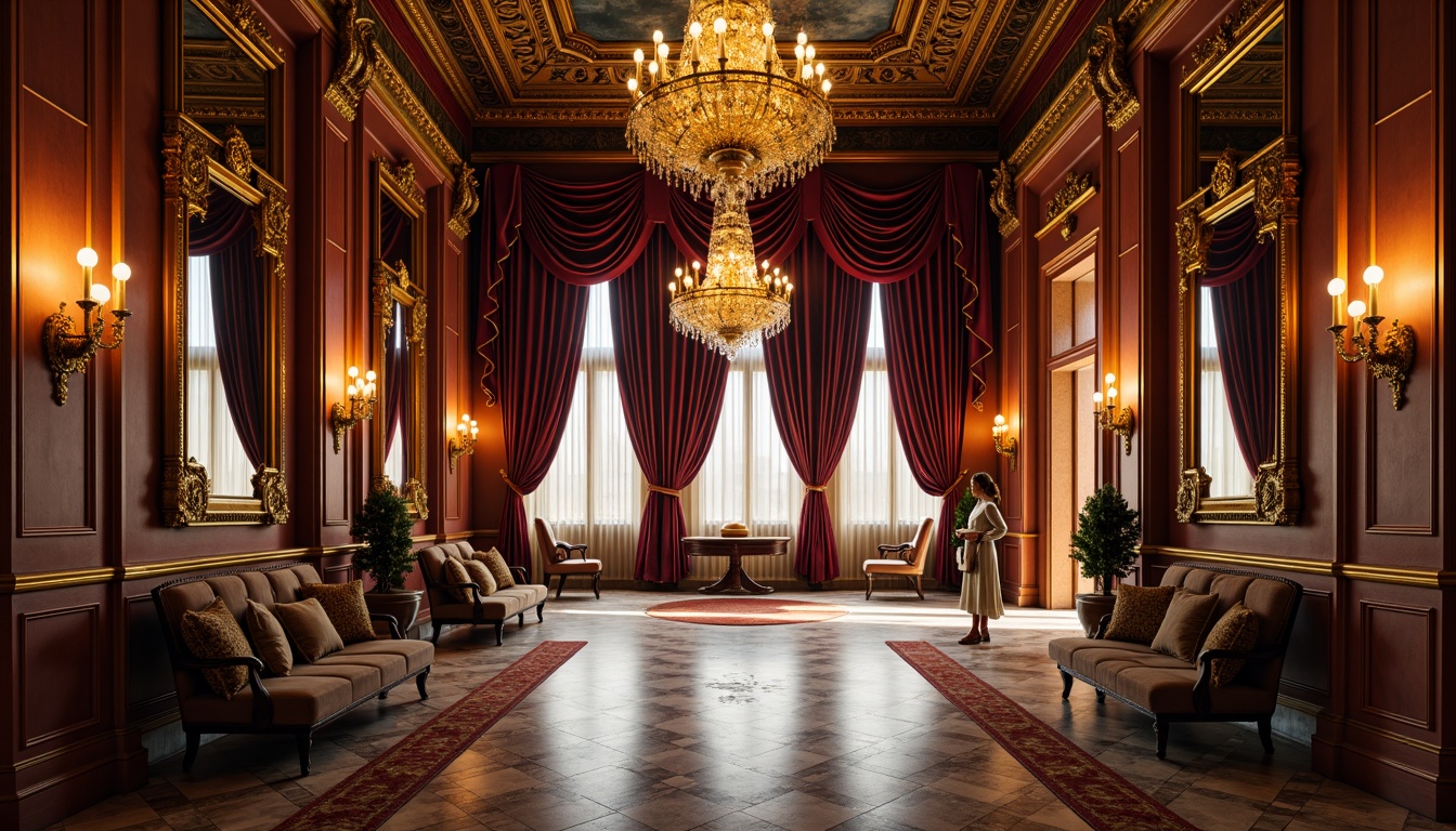 Prompt: Opulent palace interior, rich velvet drapes, gilded ornate mirrors, intricate marble flooring, lavish chandeliers, warm golden lighting, soft focus, shallow depth of field, 1/1 composition, dramatic shadows, luxurious fabrics, jewel-toned accents, regal crimson reds, majestic blues, ornate gold leafing, subtle texture overlays, realistic reflections.