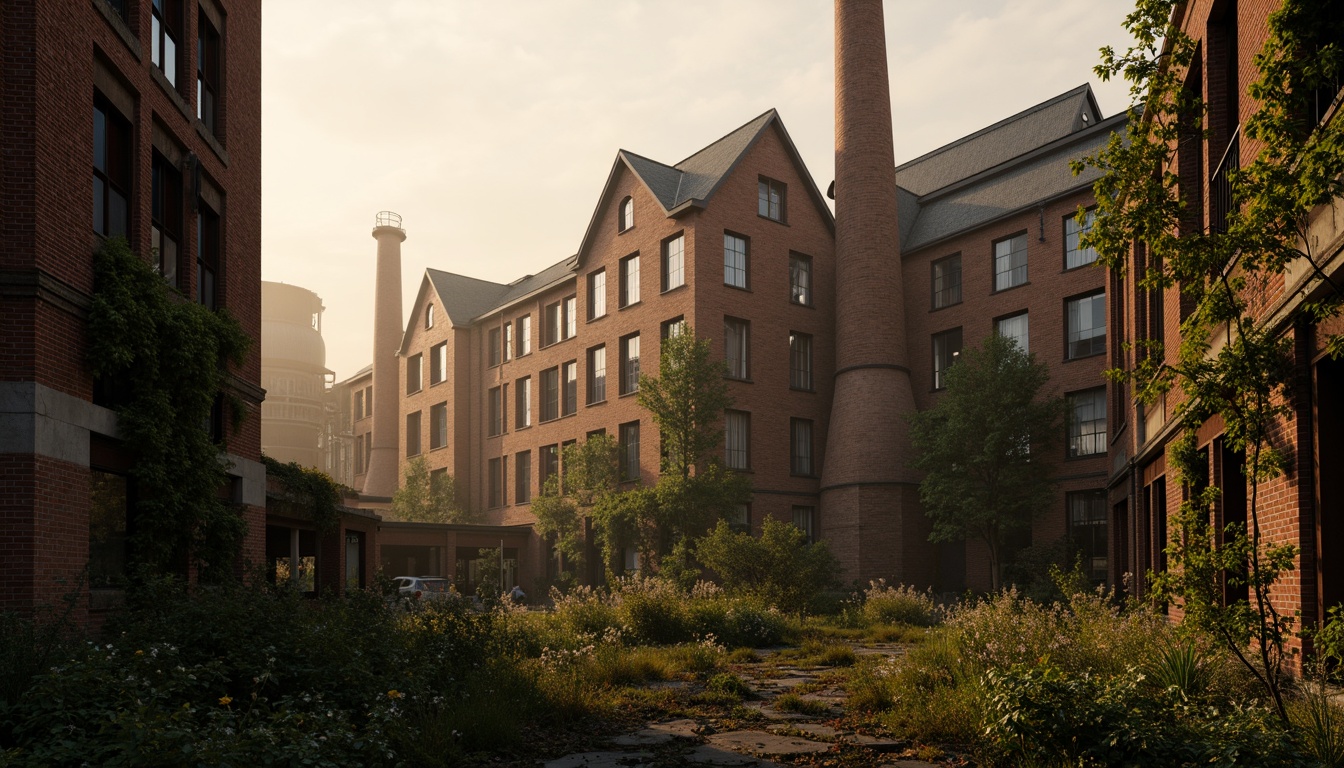 Prompt: Industrial factory buildings, Gothic architectural details, overgrown vegetation, crumbling brick walls, rusty metal beams, ivy-covered chimneys, abandoned machinery, foggy atmosphere, warm golden lighting, shallow depth of field, 1/2 composition, symmetrical framing, realistic textures, ambient occlusion.