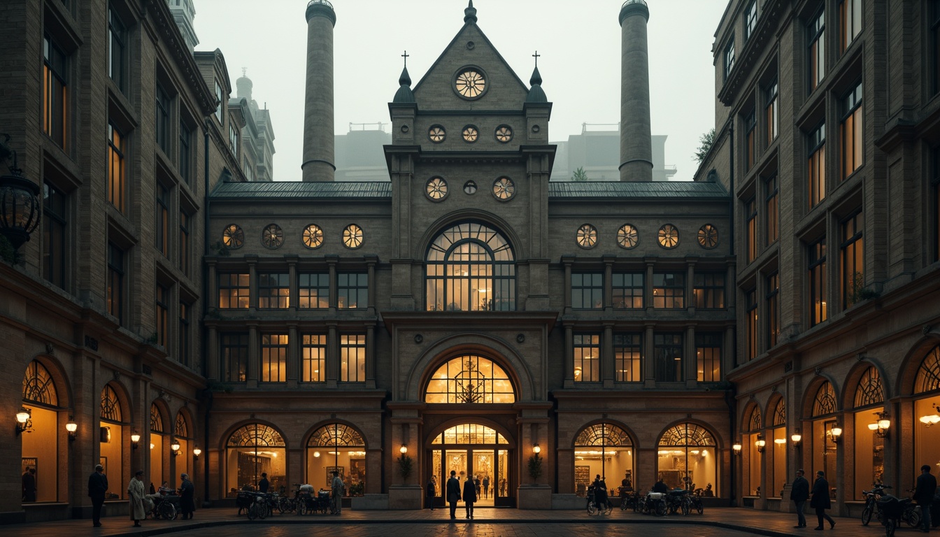 Prompt: Industrial factory building, Gothic-inspired facade, intricate stone carvings, pointed arches, ribbed vaults, flying buttresses, grand entrance gates, ornate metalwork, stained glass windows, dramatic verticality, imposing scale, mysterious ambiance, foggy atmosphere, warm golden lighting, high contrast ratio, 1/2 composition, cinematic view, detailed textures, ambient occlusion.