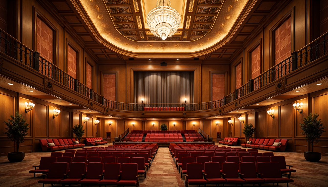 Prompt: Elegant auditorium, ornate constructivism architecture, rich wood tones, intricate stonework, sweeping curves, grand chandeliers, plush red velvet seats, acoustic panels, sound-absorbing materials, optimized reverberation time, precise speaker placement, dramatic spotlights, warm golden lighting, 1/2 composition, shallow depth of field, realistic textures, ambient occlusion.