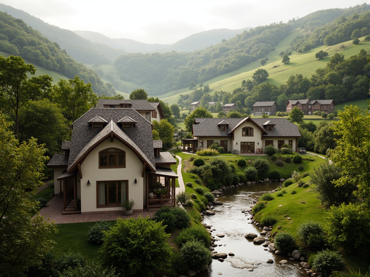 Prompt: Rustic village, rolling hills, lush greenery, meandering streams, traditional vernacular architecture, earthy tones, natural stone walls, wooden accents, curved lines, organic forms, blending with surroundings, seamless integration, harmonious coexistence, soft warm lighting, misty atmosphere, shallow depth of field, 1/1 composition, realistic textures, ambient occlusion.