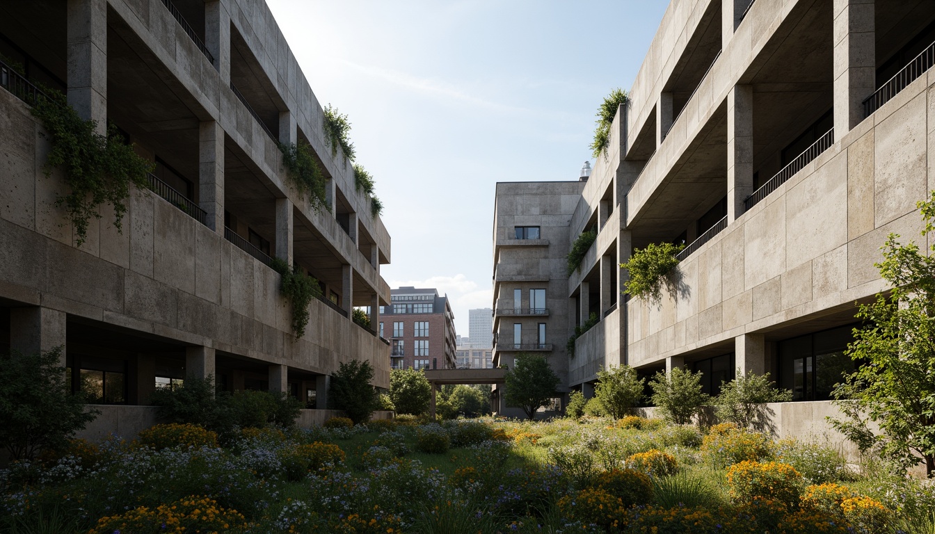 Prompt: Rugged brutalist buildings, raw concrete textures, fortress-like structures, overgrown vegetation, wildflowers, moss-covered walls, weathered steel beams, industrial materials, urban landscape integration, cityscape views, elevated walkways, cantilevered sections, dramatic shadows, harsh natural light, 1/1 composition, symmetrical framing, high-contrast colors, gritty realistic textures, ambient occlusion.