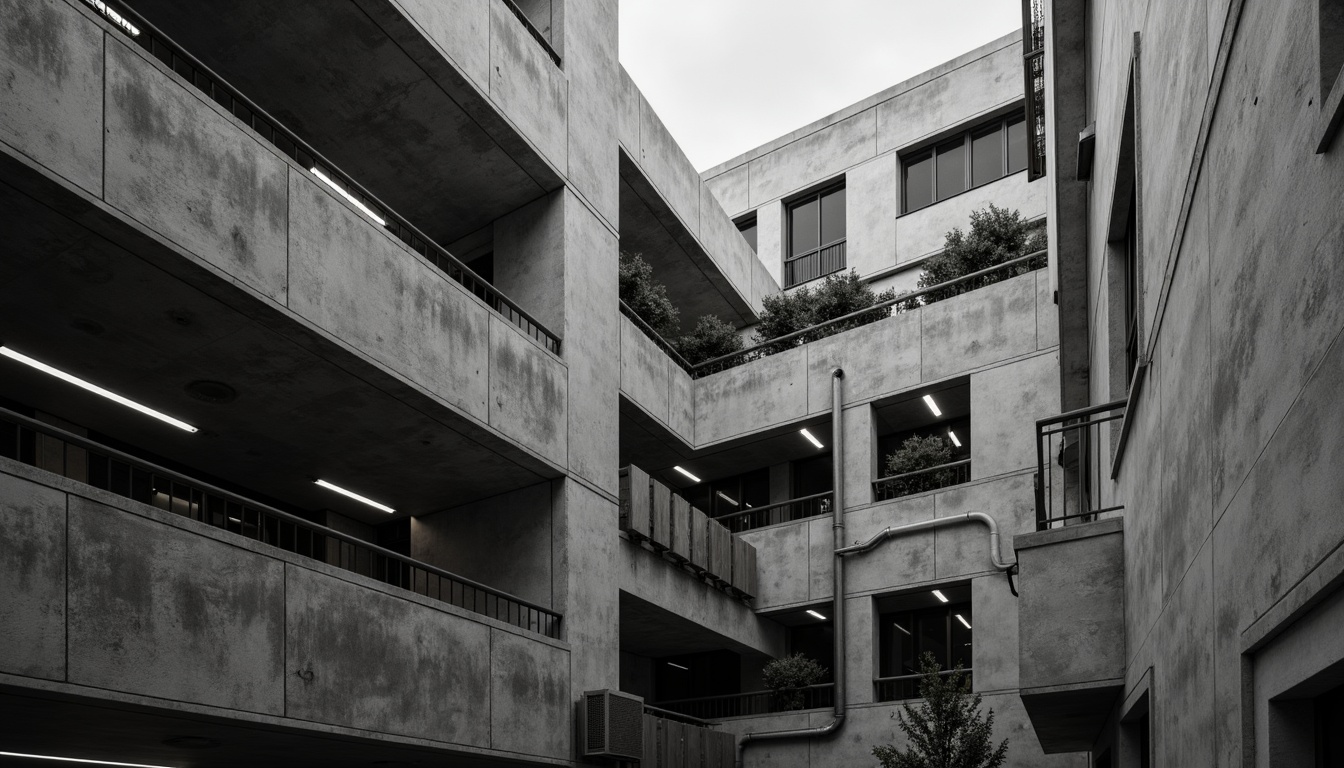 Prompt: Exposed concrete walls, rugged textures, industrial pipes, raw steel beams, minimalist balconies, brutalist architecture, urban cityscape, gloomy overcast sky, dramatic shadows, high-contrast lighting, bold geometric forms, functional simplicity, distressed finishes, poured-in-place concrete, cold monochromatic color palette, 1/1 composition, low-angle shot, cinematic atmosphere, gritty realistic textures.