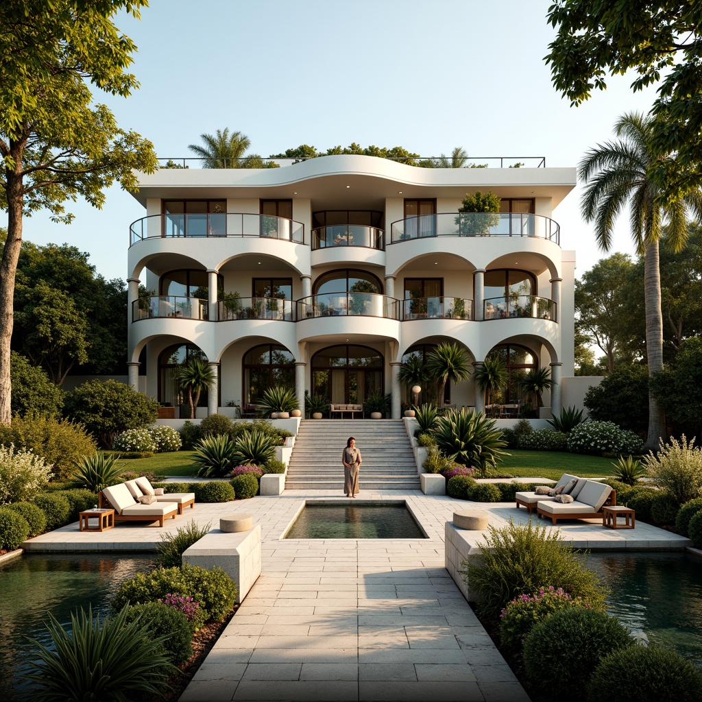 Prompt: Luxurious villa, Art Deco style, ornate facades, curved lines, geometric patterns, lavish gardens, lush greenery, vibrant flowers, tranquil ponds, walking paths, decorative fountains, elegant outdoor furniture, plush cushions, metallic accents, warm lighting, soft shadows, 1/1 composition, symmetrical framing, cinematic atmosphere, realistic textures, ambient occlusion.