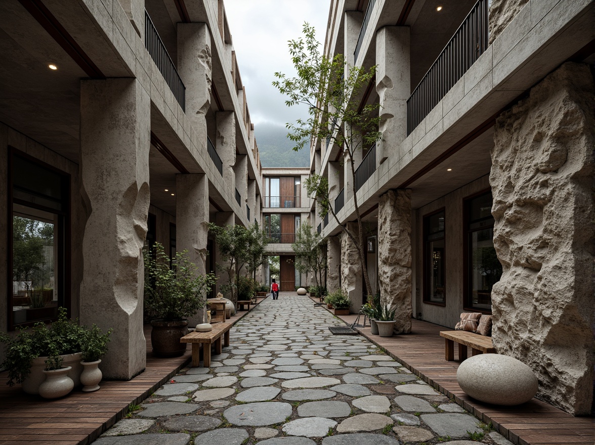 Prompt: Rustic stone walls, weathered wooden planks, rough-hewn concrete columns, tactile brick facades, ornate metalwork, intricate stonework patterns, natural rock formations, earthy tones, organic shapes, brutalist architecture, industrial chic aesthetic, urban landscape, overcast sky, dramatic shadows, high-contrast lighting, 1/2 composition, atmospheric perspective, realistic material rendering.