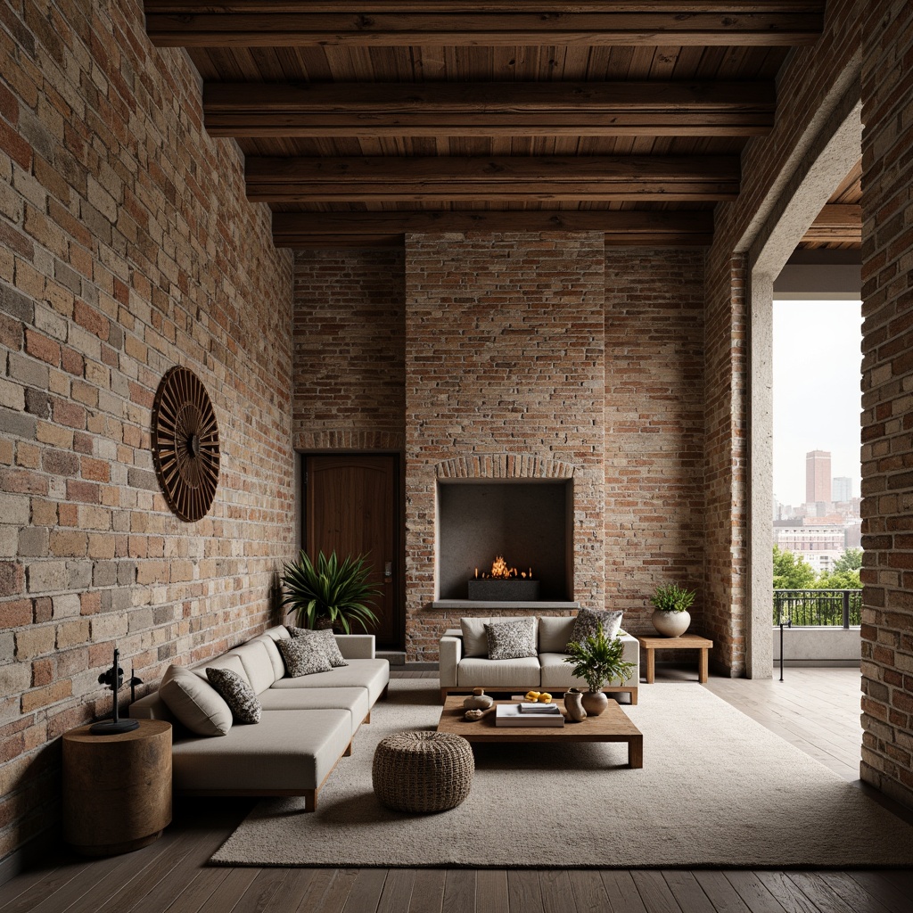 Prompt: Rough stone walls, rustic brick facades, wooden accents, natural wood grain, earthy tones, organic forms, irregular shapes, tactile experiences, 3D modeling, realistic renderings, ambient occlusion, soft warm lighting, shallow depth of field, 2/3 composition, modern architecture, sustainable design, eco-friendly materials, green roofs, living walls, urban landscapes, city skylines, industrial heritage, converted warehouses.