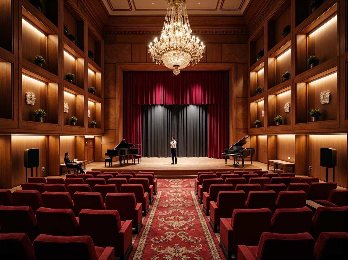 Prompt: Intimate concert hall, rich wood tones, velvet curtains, plush seating, ornate chandeliers, grand pianos, sound-absorbing panels, acoustic diffusers, resonant frequencies, precise speaker placement, optimized room dimensions, reflective surfaces, warm ambient lighting, shallow depth of field, 2/3 composition, realistic textures, subtle color palette.