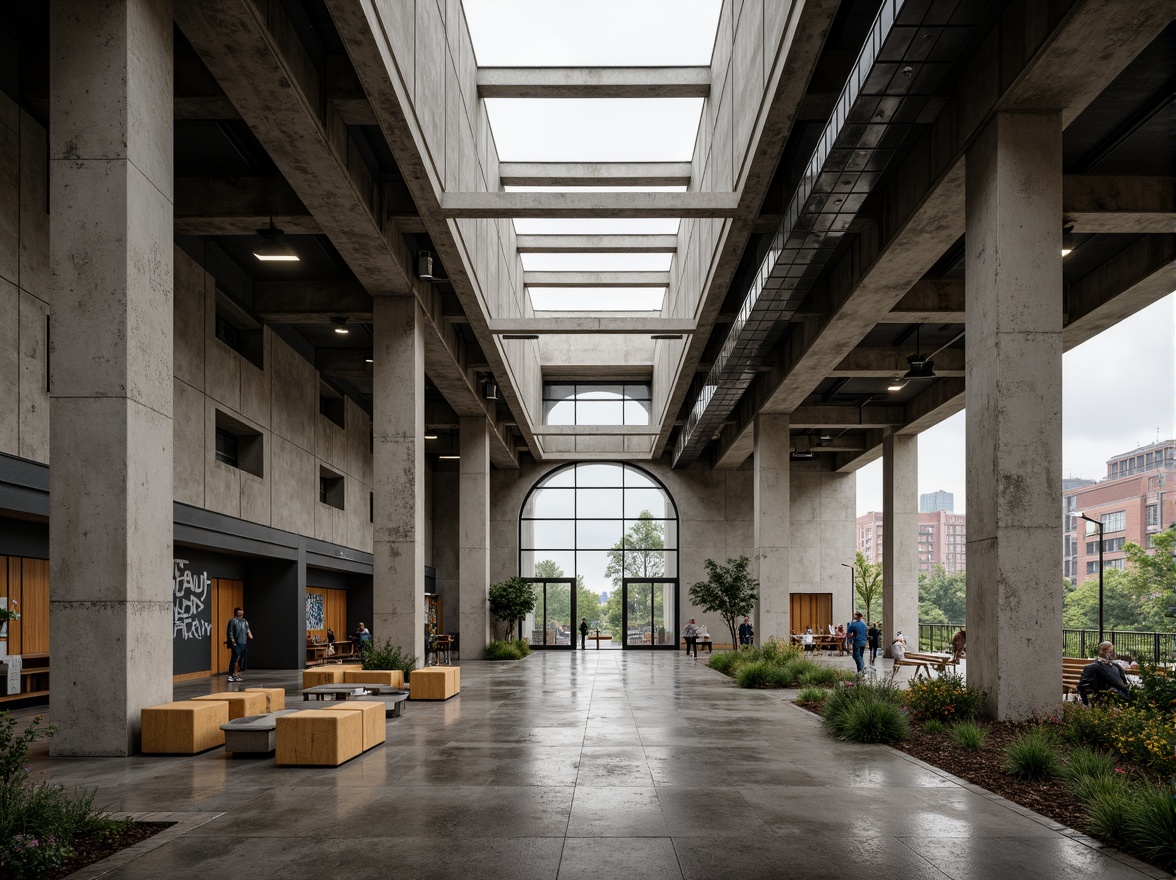 Prompt: Rugged community center, brutalist architecture, raw concrete walls, exposed ductwork, industrial metal beams, natural light pouring in, large skylights, clerestory windows, urban landscape views, gritty cityscape, overcast sky, soft diffused lighting, high contrast shadows, dramatic architectural forms, bold geometric shapes, functional minimalism, communal gathering spaces, reclaimed wood accents, weathered steel features, abstract graffiti art, moody atmospheric tones, cinematic composition, realistic textures, ambient occlusion.