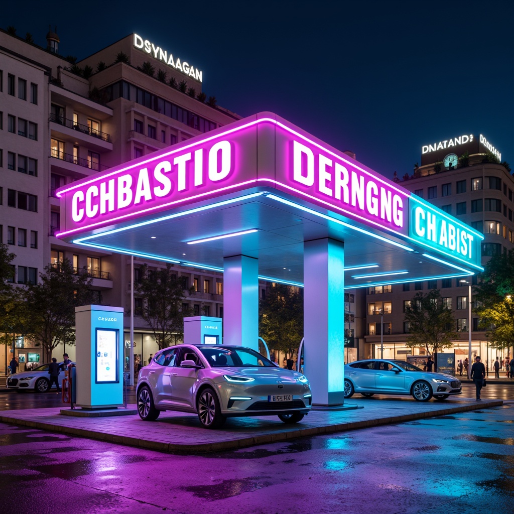 Prompt: Vibrant electric vehicle charging station, neon-lit signage, bold typography, futuristic architecture, sleek metal columns, glossy white surfaces, dynamic LED lighting, urban cityscape, busy streets, modern infrastructure, eco-friendly design, sustainable energy solutions, green roofs, innovative technology integration, shallow depth of field, 3/4 composition, panoramic view, realistic textures, ambient occlusion.