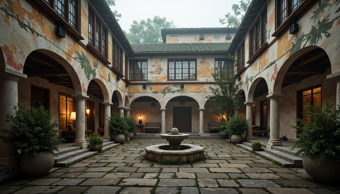 Prompt: Serene monastery courtyard, asymmetrical architecture, irregular shapes, fragmented forms, bold color contrasts, abstract murals, ornate stone carvings, intricate metalwork, grandiose arches, vaulted ceilings, stained glass windows, dramatic lighting effects, atmospheric fog, mystical ambiance, spiritual symbolism, peaceful cloisters, secluded gardens, winding corridors, intimate chapels, rustic wooden doors, weathered stone walls, moss-covered roofs, soft warm light, shallow depth of field, 1/2 composition, cinematic framing, realistic textures, ambient occlusion.