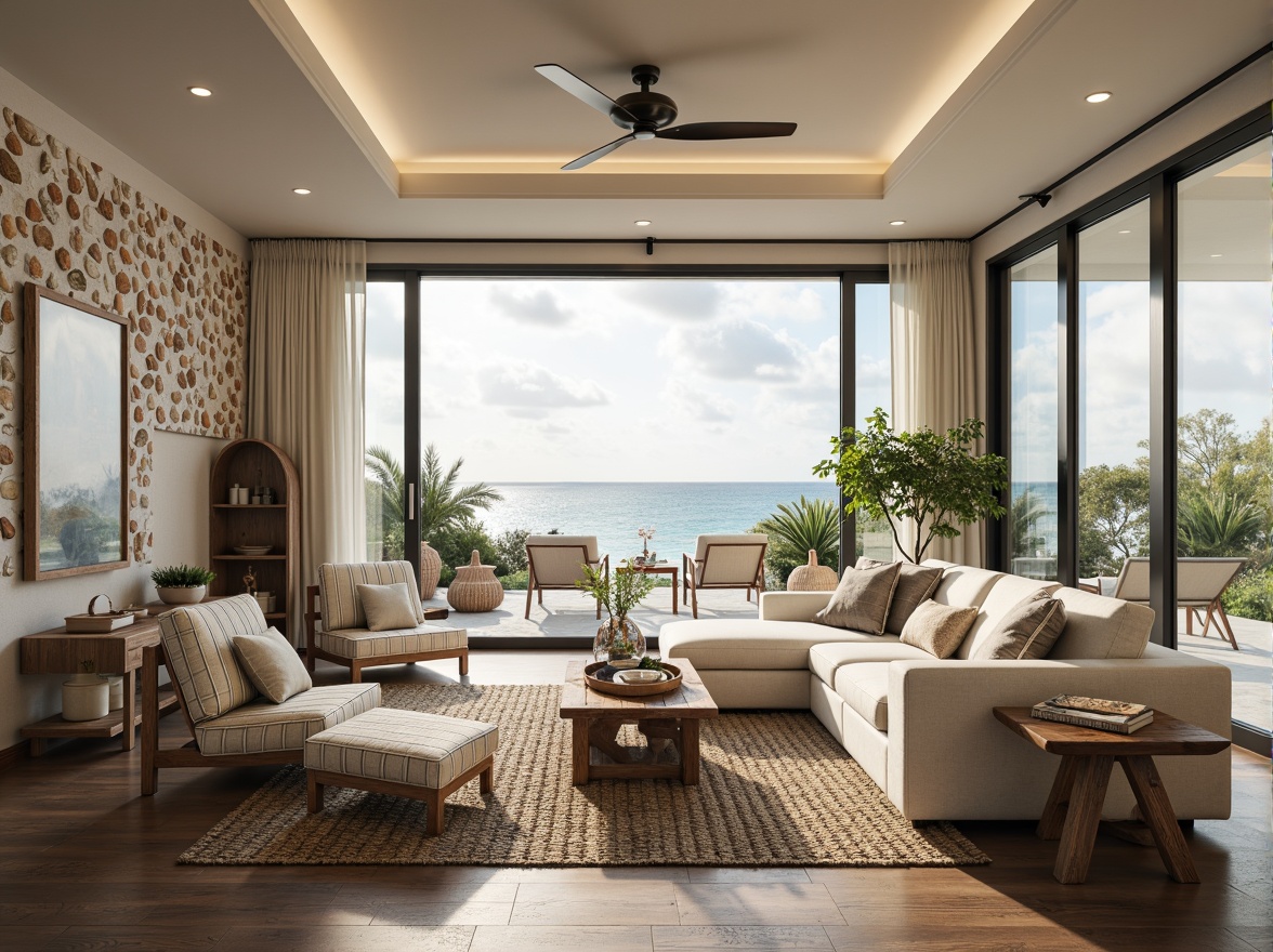 Prompt: Coastal living room, ocean-inspired color palette, driftwood accents, natural textiles, woven sea grass furniture, coral-patterned rugs, shell-adorned decorative walls, floor-to-ceiling windows, sliding glass doors, panoramic ocean views, soft warm lighting, beachy ambiance, minimalist decor, nautical-themed accessories, distressed wood flooring, plush sectional sofas, built-in shelving units, tropical plants, calming atmosphere, 1/1 composition, realistic reflections, ambient occlusion.