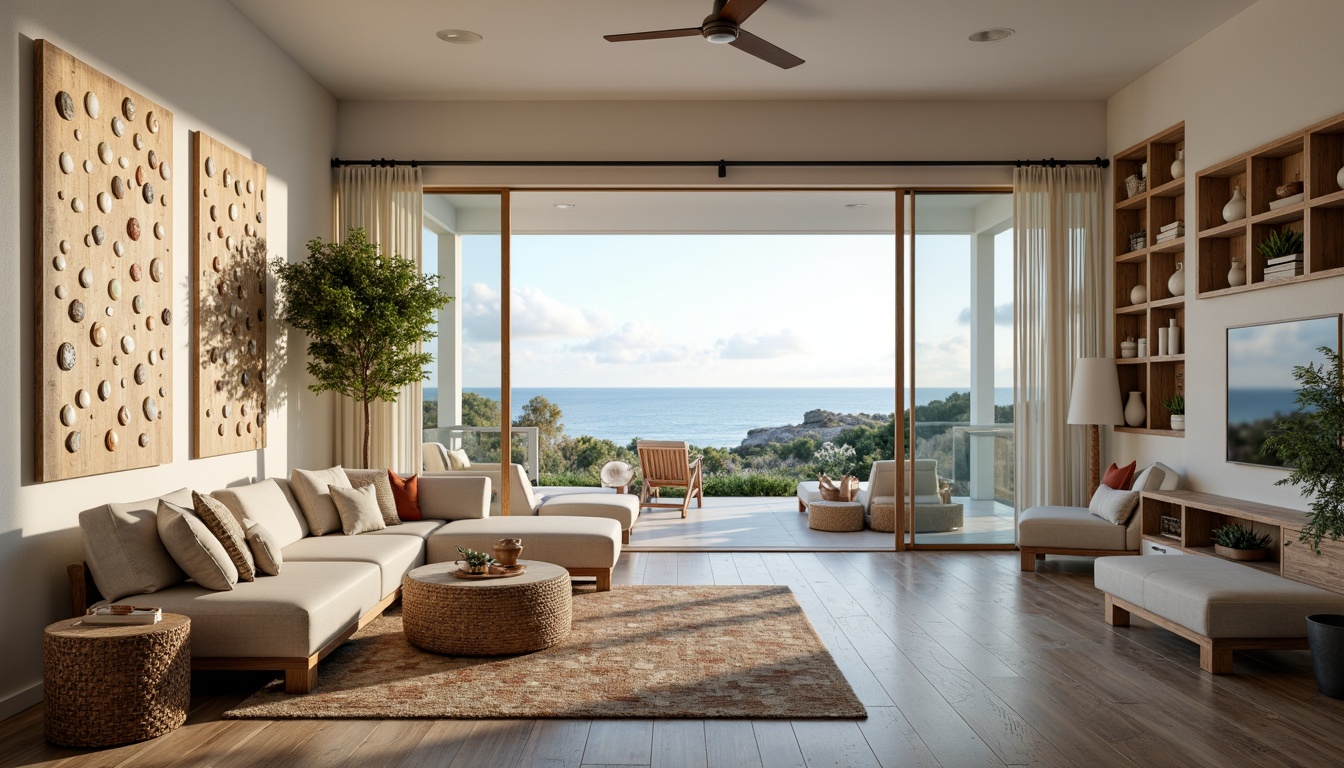 Prompt: Coastal living room, ocean-inspired color palette, driftwood accents, natural textiles, woven sea grass furniture, coral-patterned rugs, shell-adorned decorative walls, floor-to-ceiling windows, sliding glass doors, panoramic ocean views, soft warm lighting, beachy ambiance, minimalist decor, nautical-themed accessories, distressed wood flooring, plush sectional sofas, built-in shelving units, tropical plants, calming atmosphere, 1/1 composition, realistic reflections, ambient occlusion.