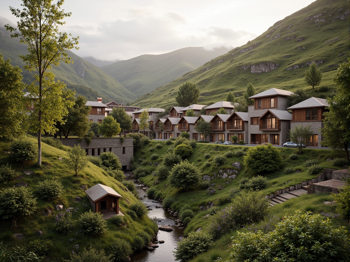 Prompt: Rustic village, rolling hills, lush greenery, meandering streams, traditional vernacular architecture, earthy tones, natural stone walls, wooden accents, curved lines, organic forms, blending with surroundings, seamless integration, harmonious coexistence, soft warm lighting, misty atmosphere, shallow depth of field, 1/1 composition, realistic textures, ambient occlusion.