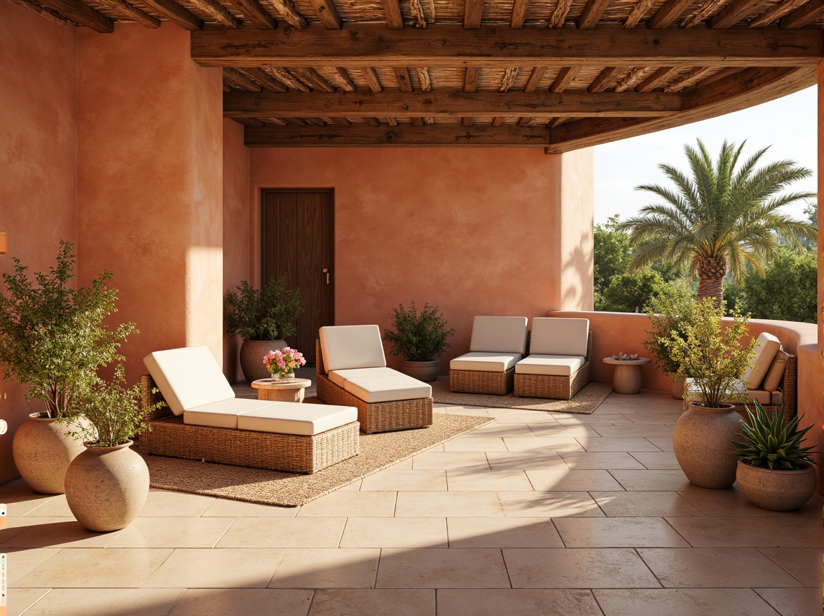 Prompt: Warm apricot hues, soft peach undertones, creamy beige accents, rustic terracotta walls, natural stone flooring, earthy ceramic vases, woven rattan furniture, lush greenery, blooming flowers, sunny afternoon, warm golden lighting, shallow depth of field, 3/4 composition, panoramic view, realistic textures, ambient occlusion.