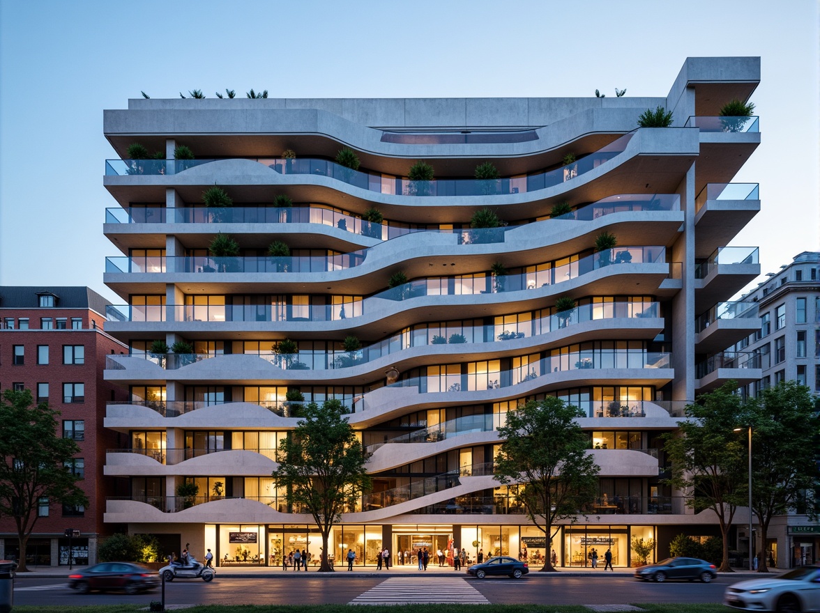 Prompt: Geometric hotel facade, asymmetrical composition, rectangular forms, industrial materials, raw concrete walls, steel beams, minimalist decor, functional simplicity, bold color accents, abstract patterns, grid-like structures, cantilevered balconies, floor-to-ceiling windows, transparent glass railings, urban cityscape, busy streets, modern metropolitan atmosphere, warm evening lighting, shallow depth of field, 2/3 composition, realistic textures, ambient occlusion.