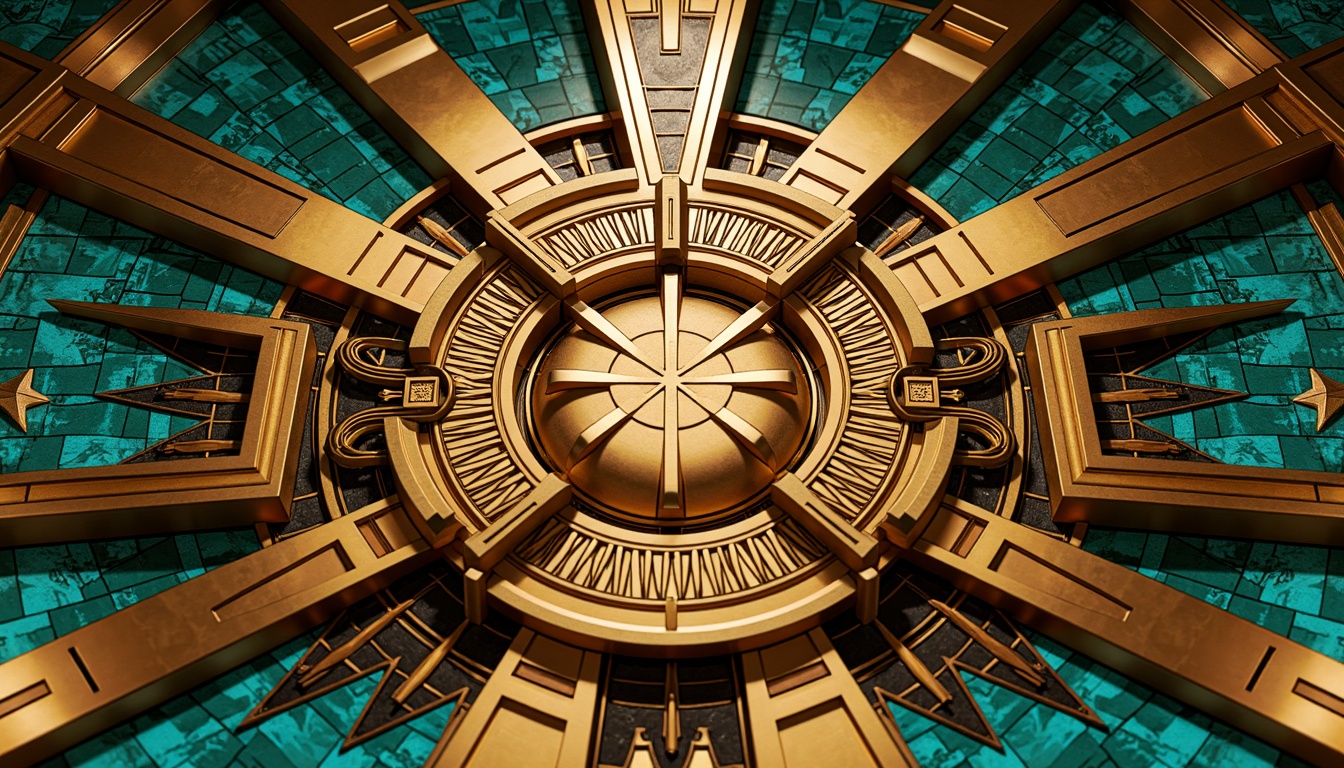 Prompt: Opulent Art Deco monument, lavish golden accents, rich bronze tones, vibrant turquoise mosaics, geometric patterns, ornate metalwork, luxurious marble surfaces, bold black outlines, stylized floral motifs, sunburst designs, zigzag patterns, metallic sheen, warm ambient lighting, shallow depth of field, 1/1 composition, symmetrical framing, high-contrast colors, intricate textures, realistic reflections.