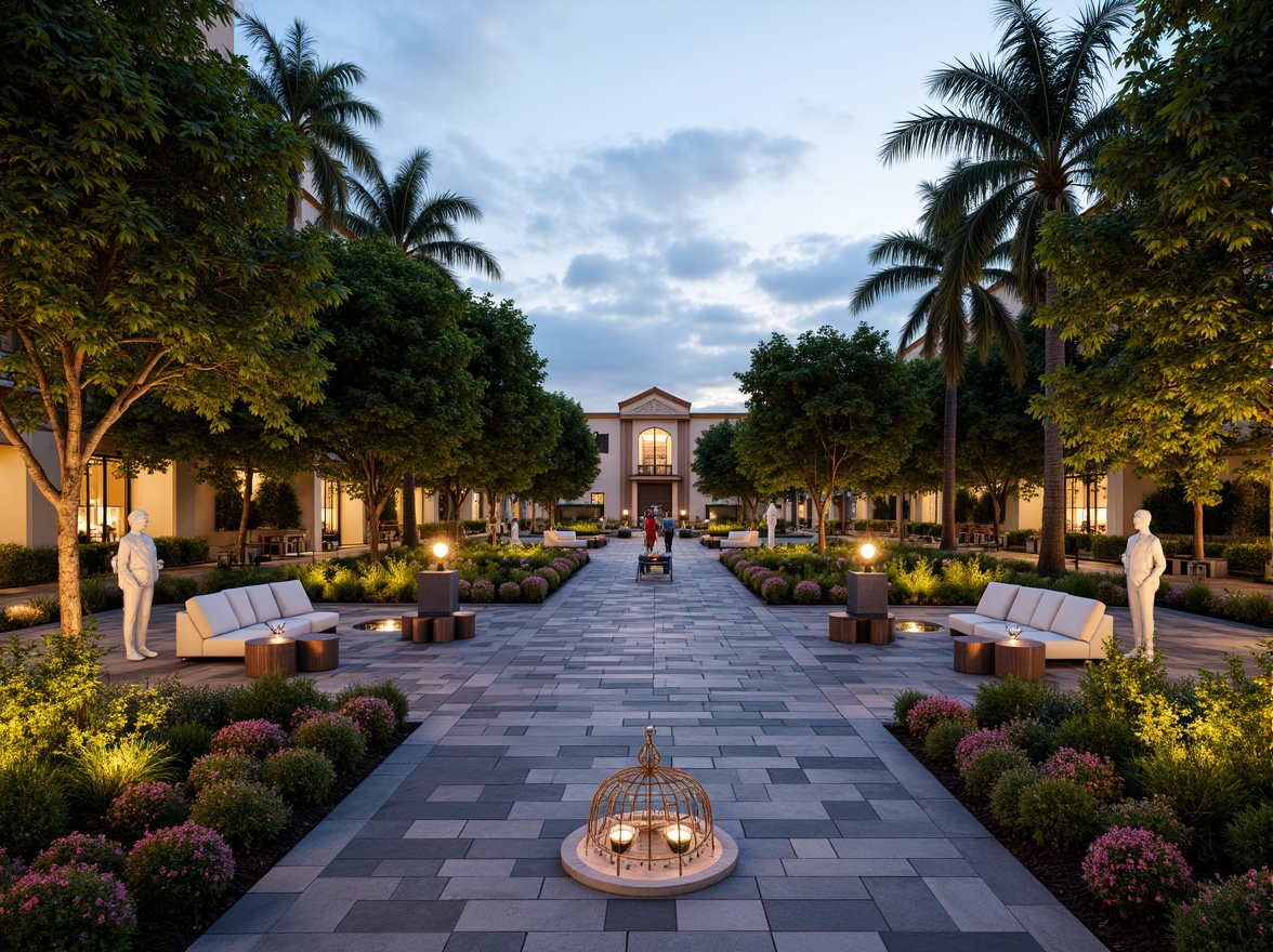 Prompt: Geometric gardens, ornate fountains, lush greenery, vibrant flowers, symmetrical pathways, decorative statues, Art Deco-inspired sculptures, metallic accents, bold color schemes, geometric patterns, luxurious outdoor furniture, sunken seating areas, ambient lighting, warm evening glow, shallow depth of field, 1/1 composition, panoramic view, realistic textures, ambient occlusion.