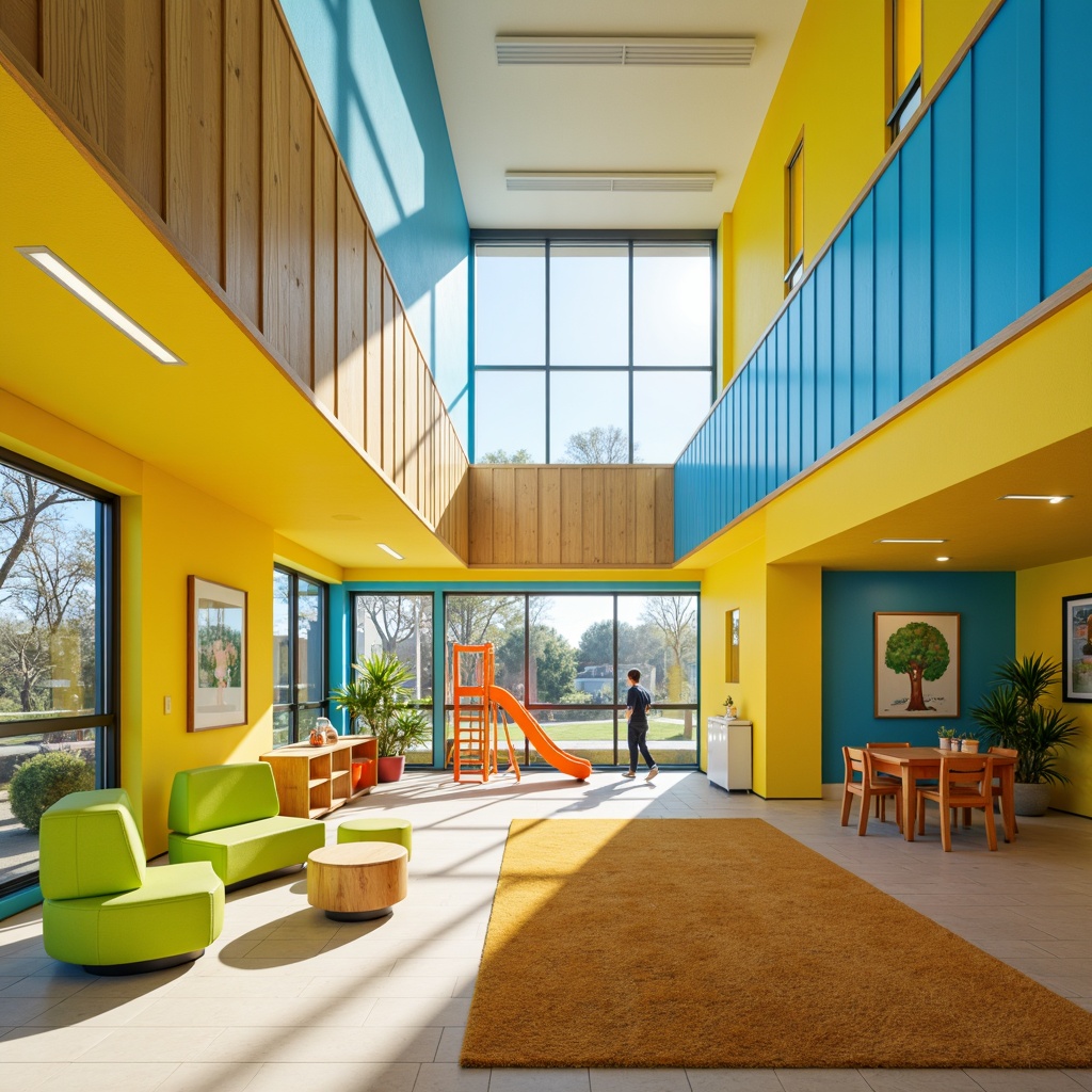 Prompt: Vibrant kindergarten, modernist architecture, bold color blocking, bright yellow walls, sky blue accents, lime green furniture, orange playground equipment, geometric shapes, minimalist decor, natural wood textures, large windows, sliding glass doors, abundant natural light, soft warm lighting, shallow depth of field, 3/4 composition, panoramic view, realistic textures, ambient occlusion.