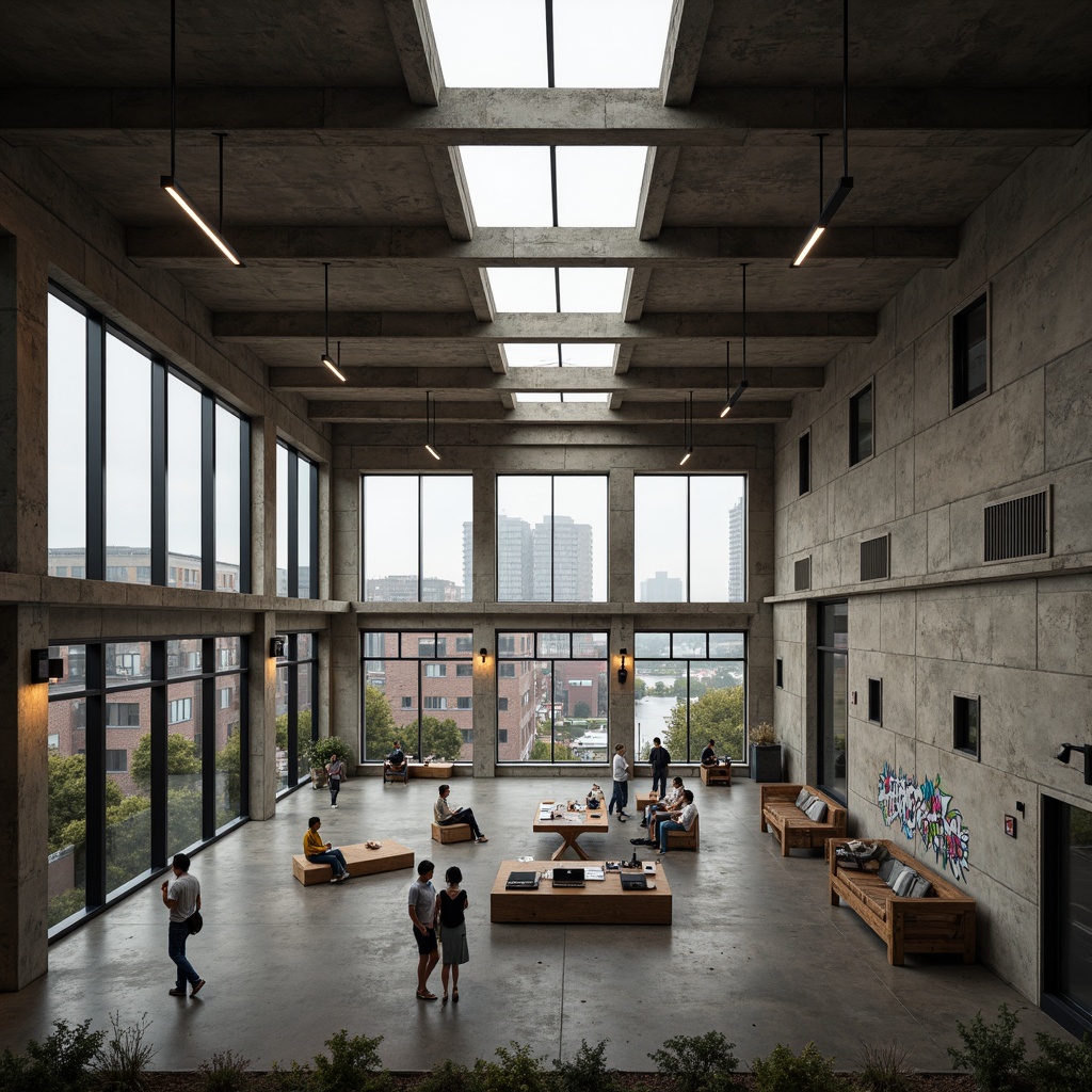 Prompt: Rugged community center, brutalist architecture, raw concrete walls, exposed ductwork, industrial metal beams, natural light pouring in, large skylights, clerestory windows, urban landscape views, gritty cityscape, overcast sky, soft diffused lighting, high contrast shadows, dramatic architectural forms, bold geometric shapes, functional minimalism, communal gathering spaces, reclaimed wood accents, weathered steel features, abstract graffiti art, moody atmospheric tones, cinematic composition, realistic textures, ambient occlusion.