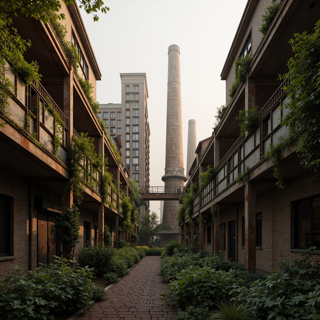 Prompt: Industrial factory buildings, Gothic architectural details, overgrown vegetation, crumbling brick walls, rusty metal beams, ivy-covered chimneys, abandoned machinery, foggy atmosphere, warm golden lighting, shallow depth of field, 1/2 composition, symmetrical framing, realistic textures, ambient occlusion.