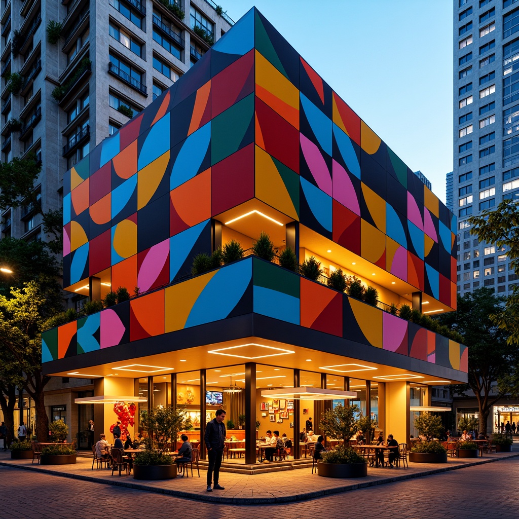 Prompt: Vibrant restaurant facade, expressionist architecture, bold geometric shapes, bright primary colors, abstract patterns, irregular forms, dynamic lighting effects, neon signs, metallic accents, industrial materials, exposed ductwork, urban cityscape, bustling streets, evening atmosphere, warm golden lighting, shallow depth of field, 1/1 composition, dramatic shadows, high-contrast textures.