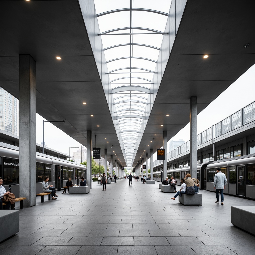 Prompt: Sleek transportation hub, minimalist architecture, clean lines, monochromatic color scheme, polished metal surfaces, glass roofs, natural light, airy atmosphere, sparse furniture, modern benches, subtle branding, digital information displays, efficient navigation systems, calm ambiance, soft indirect lighting, shallow depth of field, 1/1 composition, realistic reflections, ambient occlusion.