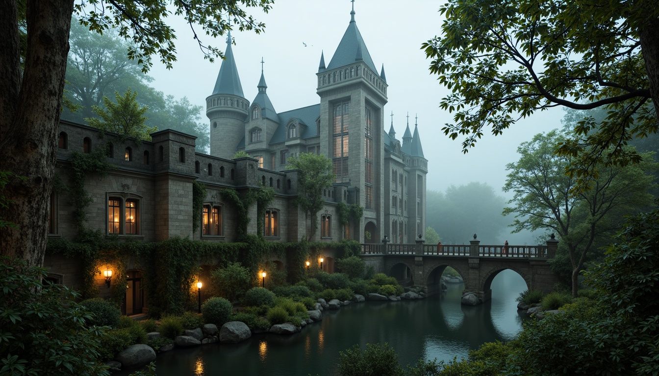 Prompt: Mysterious medieval castle, rugged stone walls, grandiose spires, stained glass windows, ornate gargoyles, lush greenery, overgrown vines, moss-covered stones, misty atmosphere, soft warm lighting, dramatic shadows, 3/4 composition, symmetrical framing, eerie ambiance, mystical fog, ancient trees, twisted branches, weathered wooden bridges, serene water features, reflective pools, Gothic arches, ribbed vaults, flying buttresses, intricate stone carvings.