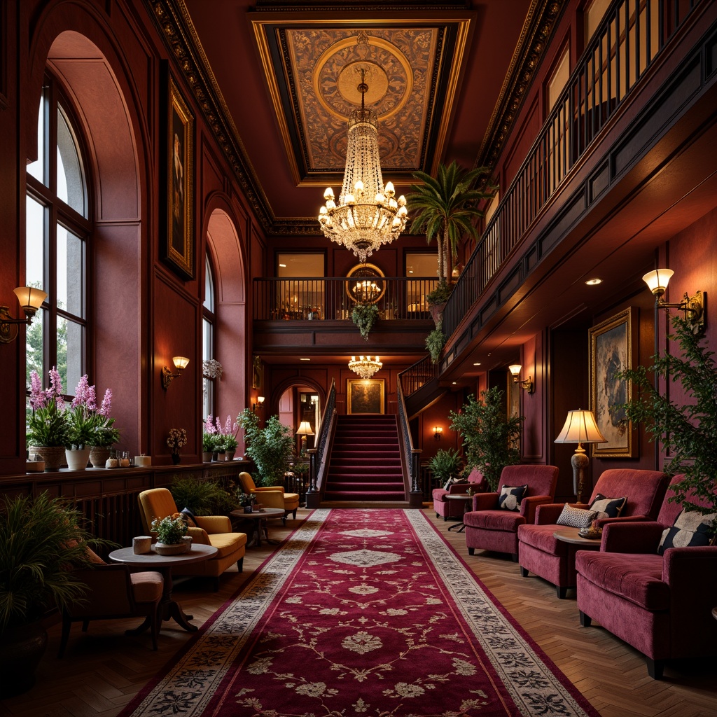 Prompt: Rich plum accents, luxurious velvet textures, ornate golden details, majestic archways, grand staircases, opulent chandeliers, lavish furnishings, regal atmosphere, warm ambient lighting, soft focus, shallow depth of field, 1/2 composition, intimate portrait view, realistic reflections, subtle shading.