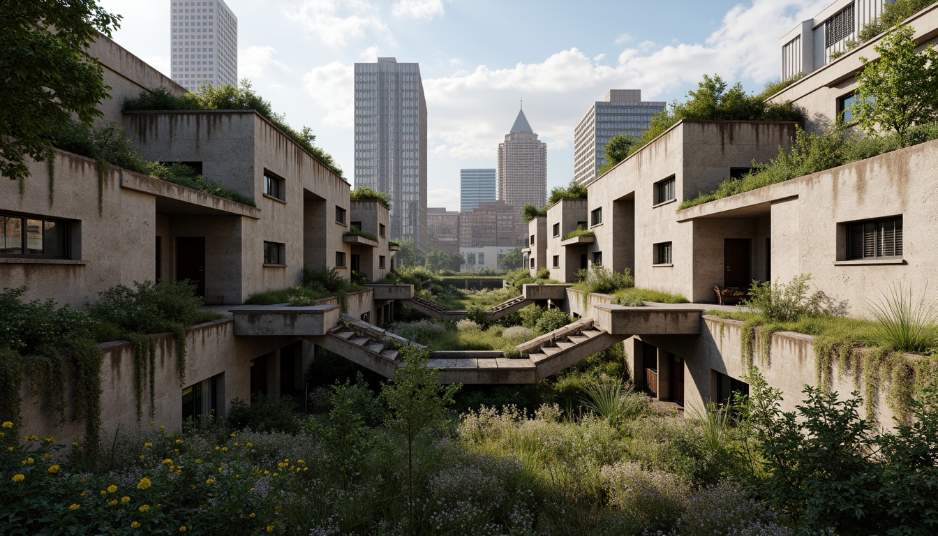 Prompt: Rugged brutalist buildings, raw concrete textures, fortress-like structures, overgrown vegetation, wildflowers, moss-covered walls, weathered steel beams, industrial materials, urban landscape integration, cityscape views, elevated walkways, cantilevered sections, dramatic shadows, harsh natural light, 1/1 composition, symmetrical framing, high-contrast colors, gritty realistic textures, ambient occlusion.