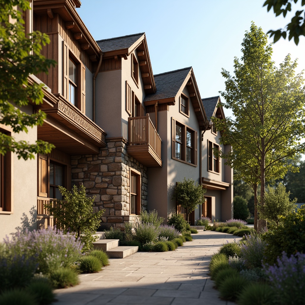 Prompt: Earth-toned facade, rustic stone walls, wooden accents, ornate carvings, pitched roofs, dormer windows, traditional regional motifs, cultural heritage inspiration, natural surroundings integration, lush greenery, blooming flowers, warm sunny day, soft diffused lighting, shallow depth of field, 1/2 composition, realistic textures, ambient occlusion.