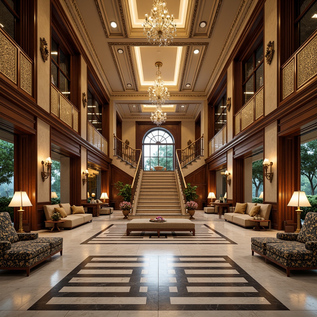 Prompt: Luxurious villa, symmetrical facade, ornate metalwork, geometric patterns, lavish decorations, opulent furnishings, grand staircase, crystal chandeliers, marble floors, intricate moldings, bold color schemes, metallic accents, luxurious textiles, refined lines, balanced composition, central axis, radial symmetry, harmonious proportions, elegant curves, sophisticated ambiance, warm golden lighting, shallow depth of field, 1/1 composition, realistic reflections.