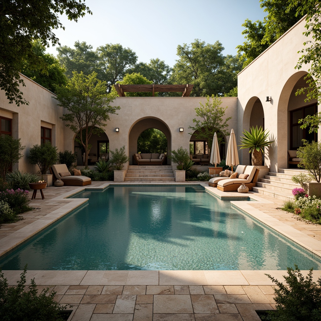 Prompt: Ancient Roman-inspired pool, natural stone coping, ornate fountains, lush greenery, vibrant flowers, Mediterranean plants, rustic wooden decking, warm beige stonework, curved archways, grand staircases, elegant lanterns, soft warm lighting, shallow depth of field, 3/4 composition, panoramic view, realistic textures, ambient occlusion.