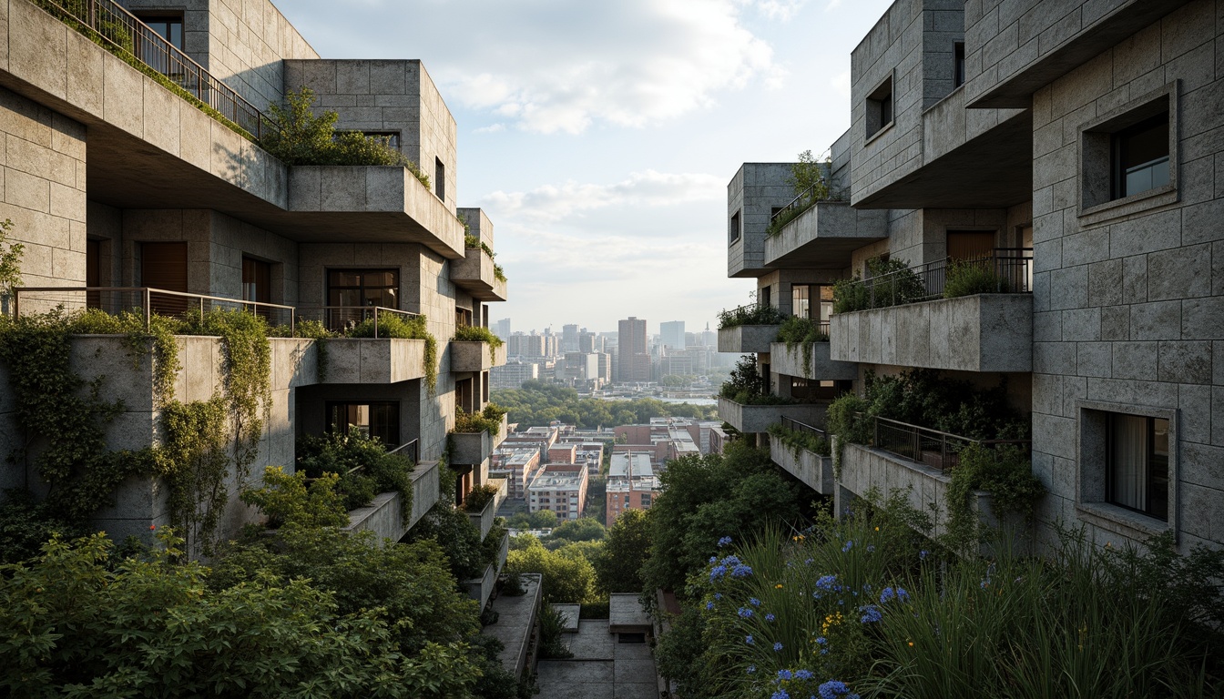 Prompt: Rugged brutalist buildings, raw concrete textures, fortress-like structures, overgrown vegetation, wildflowers, moss-covered walls, weathered steel beams, industrial materials, urban landscape integration, cityscape views, elevated walkways, cantilevered sections, dramatic shadows, harsh natural light, 1/1 composition, symmetrical framing, high-contrast lighting, gritty realistic textures, ambient occlusion.